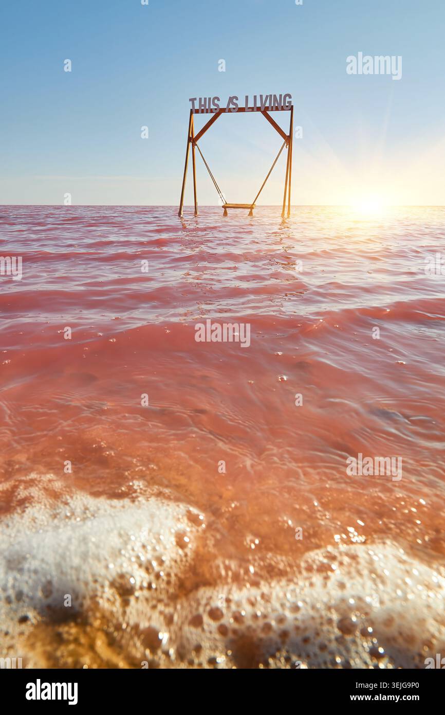 Un'altalena di legno parzialmente sommersa in un vivace lago di sale rosa, con le parole CHE VIVE sopra di esso. Paesaggio insolito e suggestivo Foto Stock