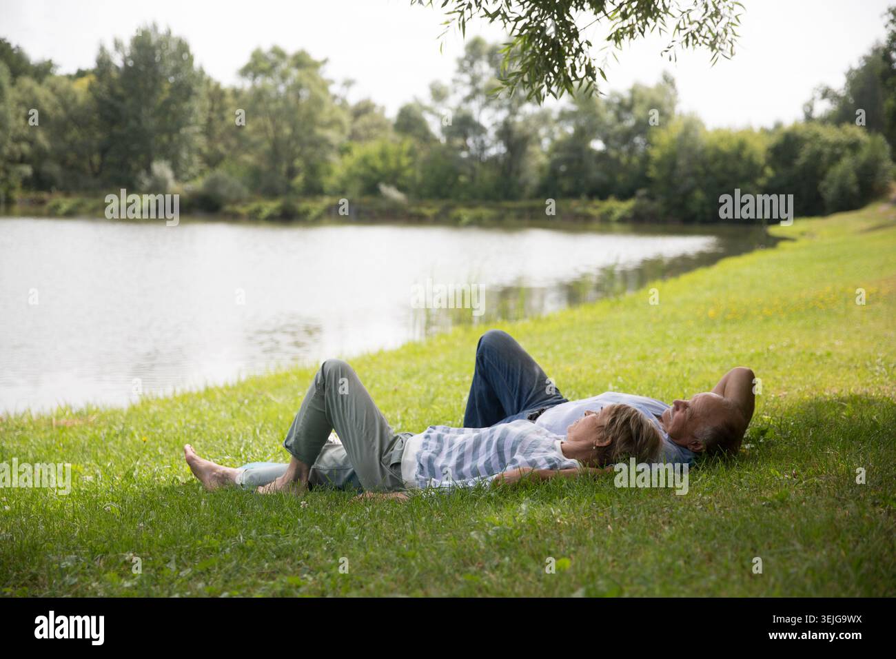 Felice coppia anziana stesa sull'erba Foto Stock