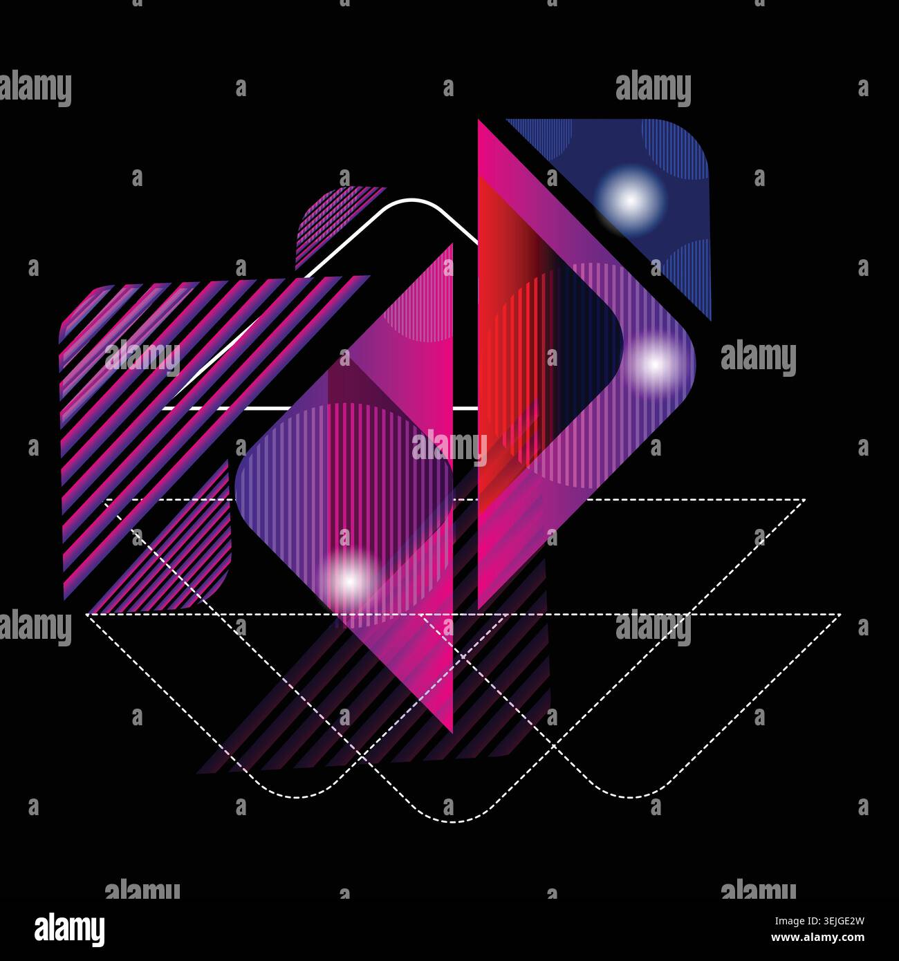 Vivaci forme geometriche astratte in rosa, viola, rosso e blu su sfondo nero Illustrazione Vettoriale