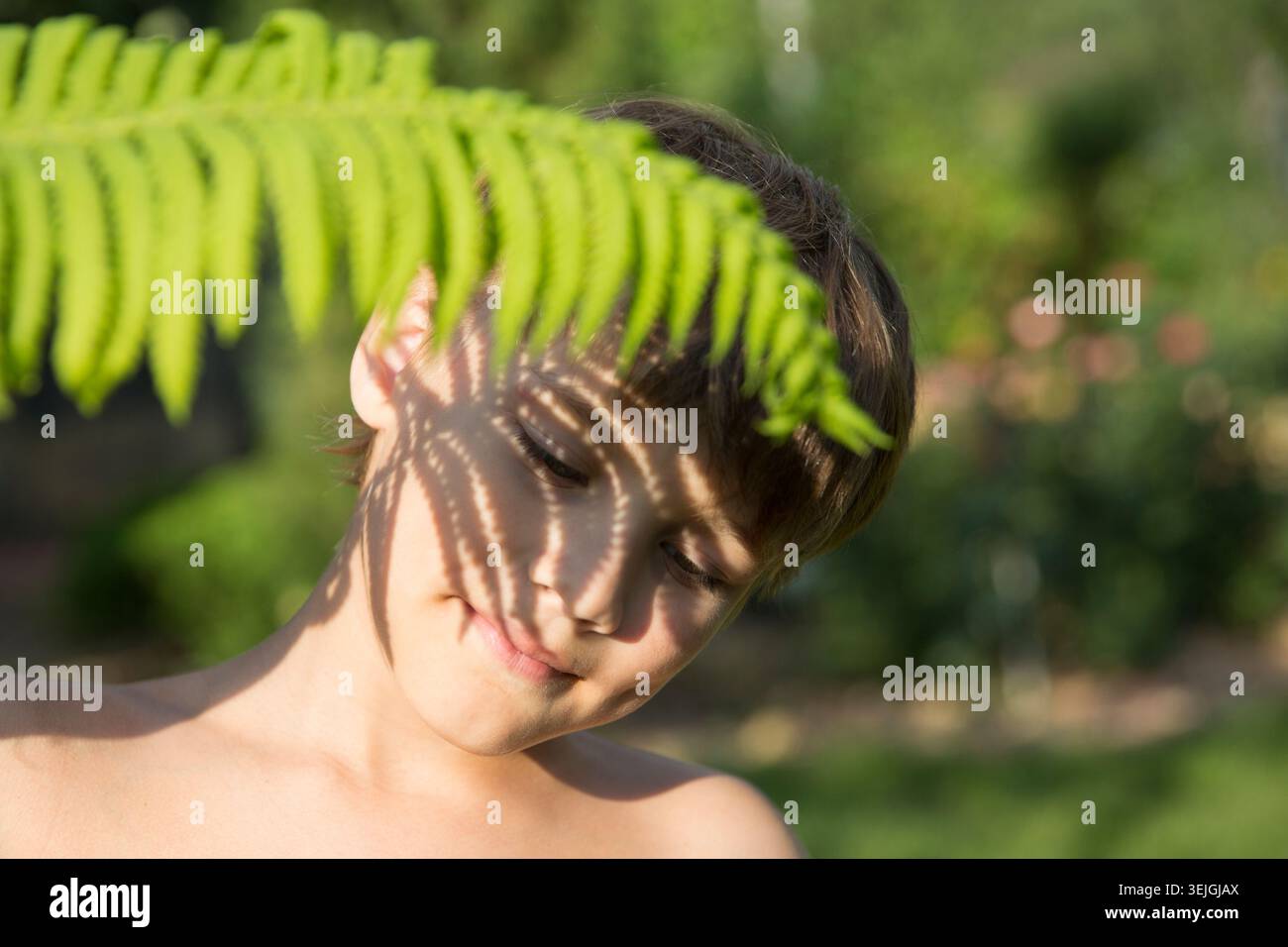 Il bambino gioca con la foresta estiva di foglie di felce, giochi gioiosi in natura. Escursioni, viaggi iper-locali, gite in famiglia Foto Stock