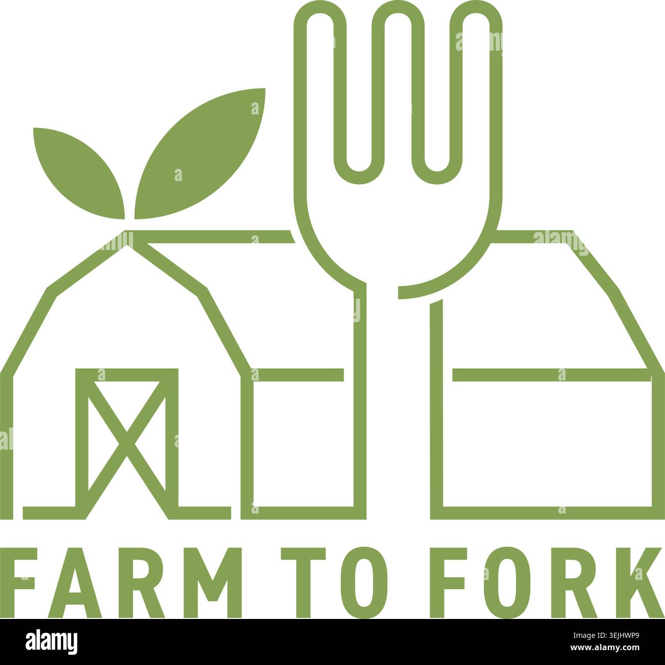 Emblema o logo dalla fattoria alla forchetta in grassetto. Movimento sociale che promuove la fornitura di cibo coltivato localmente nei ristoranti e nelle scuole attraverso Illustrazione Vettoriale