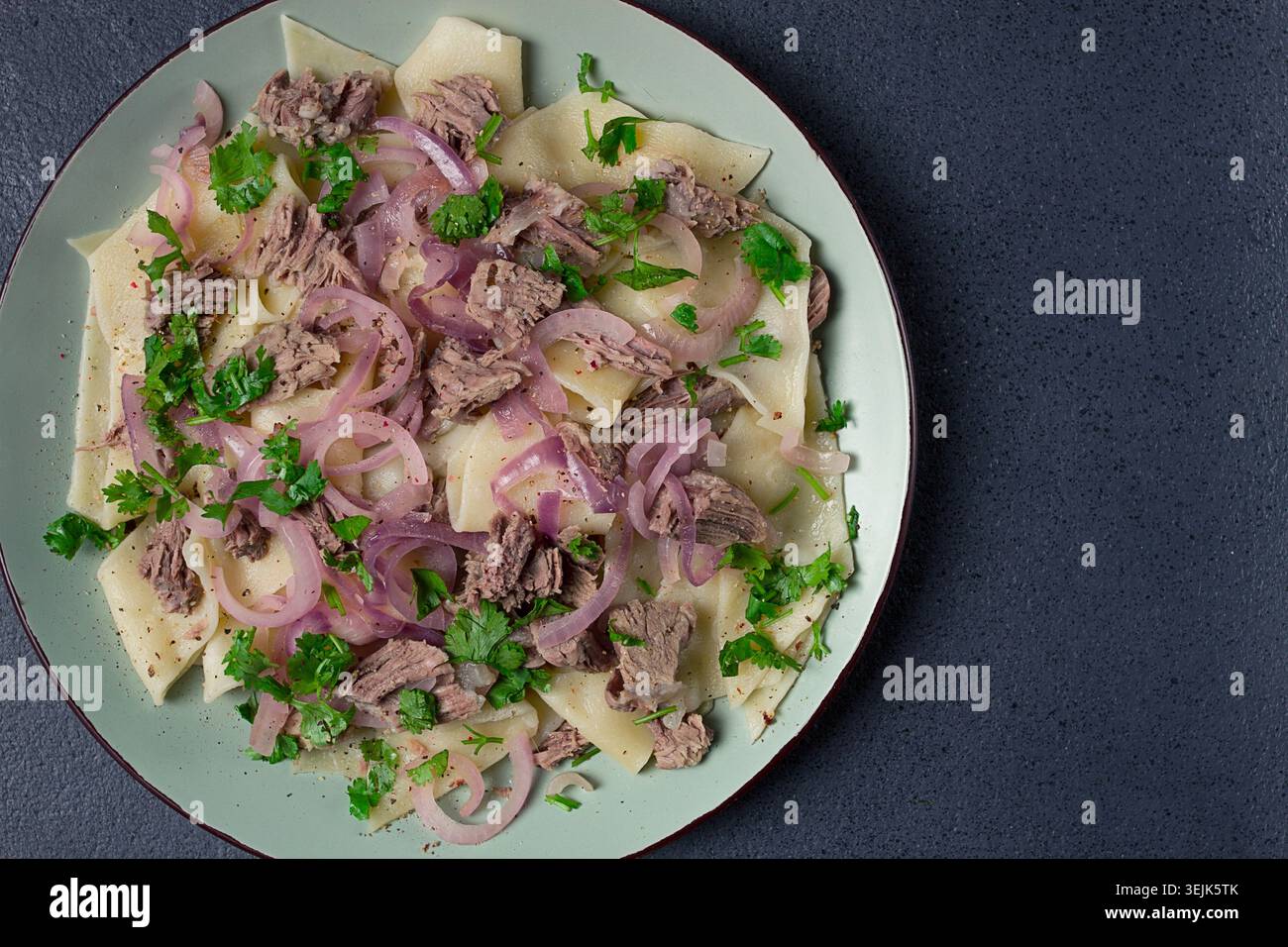 Beshbarmak, carne kazaka, carne bollita con spaghetti, Foto Stock