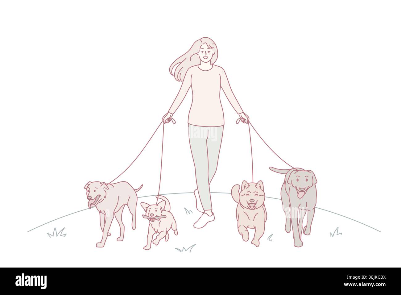 Donna che cammina con i cani sul guinzaglio Foto Stock
