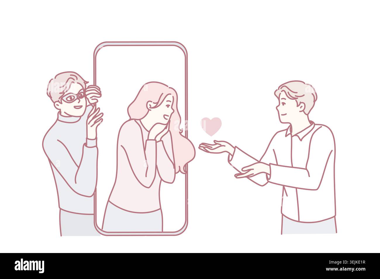 Semplice line drawing di una chiamata virtuale con gesti affettuosi ed espressioni sorprese Foto Stock