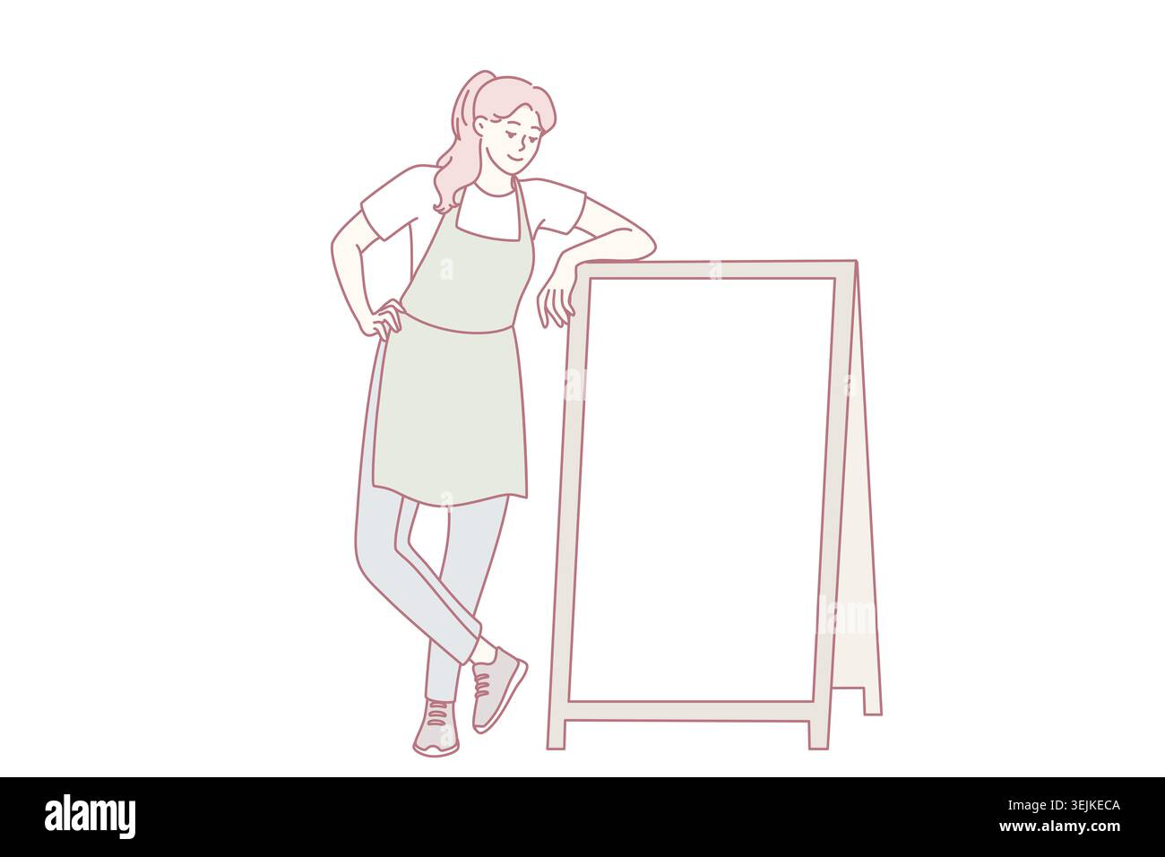 Cameriera sorridente vicino al mockup board Foto Stock