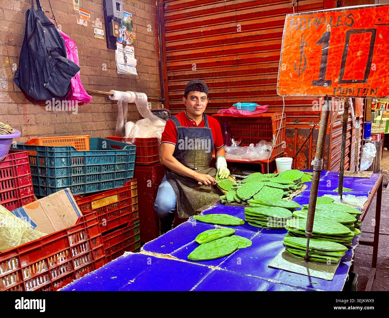 Un venditore vende spugne di cactus freschi al Mercado de la Merced di città del Messico, Messico - Immagine stock catturata con smartphone
