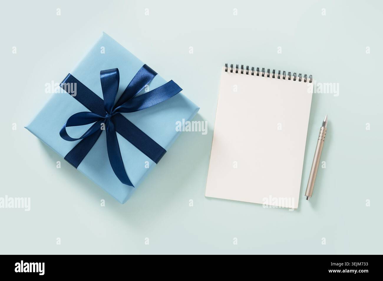 Confezione regalo blu, taccuino a spirale e penna blu. Vista dall'alto. Foto Stock
