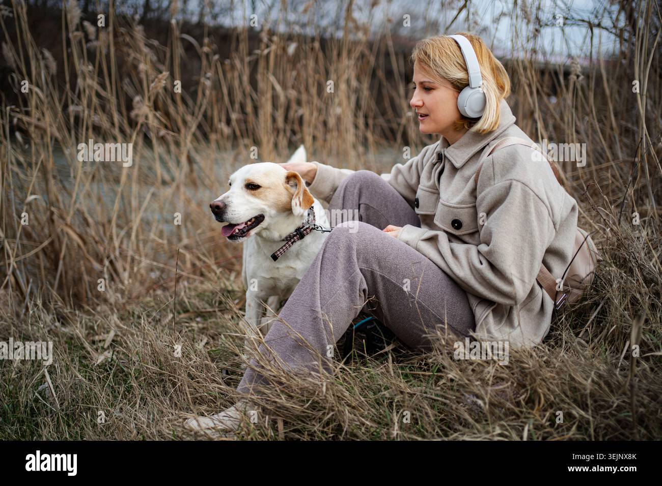 Donna e cane si godono un momento di pace insieme nella natura Foto Stock