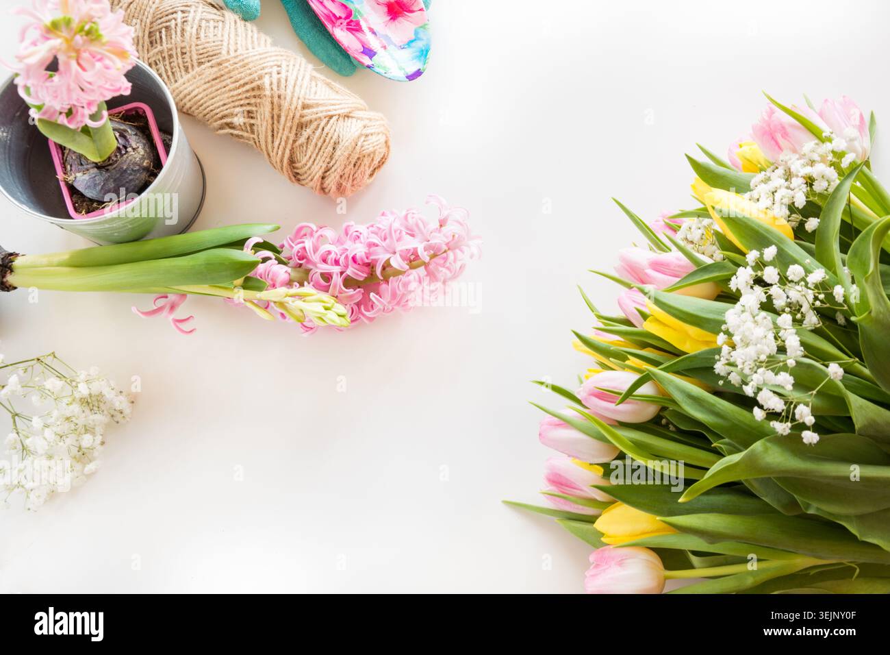 Colazione primaverile, caffè, caraffa del latte e torta con decorazioni di Giacinto rosa. Foto Stock