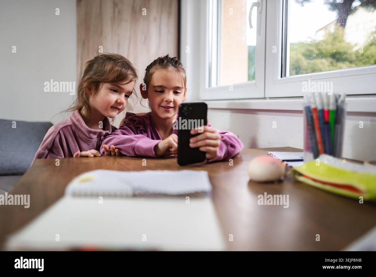 Ragazze che guardano contenuti sullo smartphone insieme a casa Foto Stock