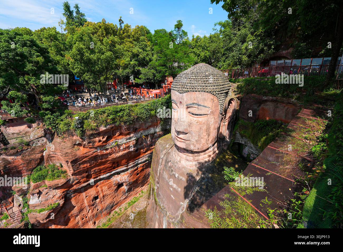 Il Buddha gigante di Leshan, una monumentale statua in pietra scolpita da una parete rocciosa nel Sichuan, in Cina Foto Stock