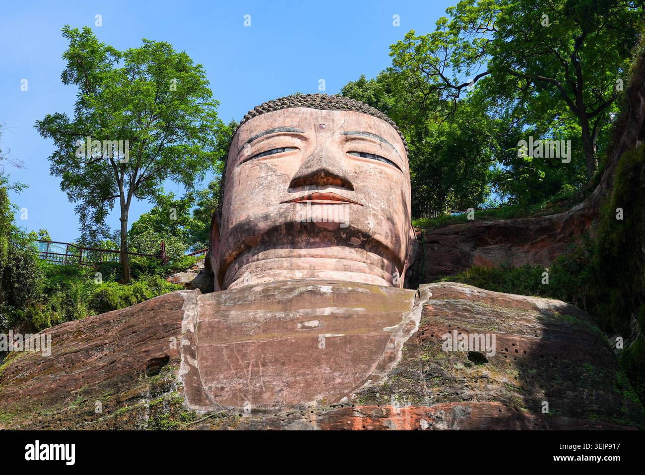 Il Buddha gigante di Leshan, una monumentale statua in pietra scolpita da una parete rocciosa nel Sichuan, in Cina Foto Stock