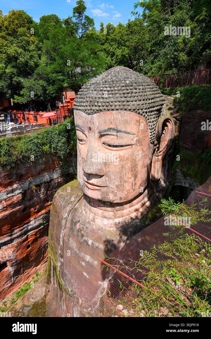 Il Buddha gigante di Leshan, una monumentale statua in pietra scolpita da una parete rocciosa nel Sichuan, in Cina Foto Stock