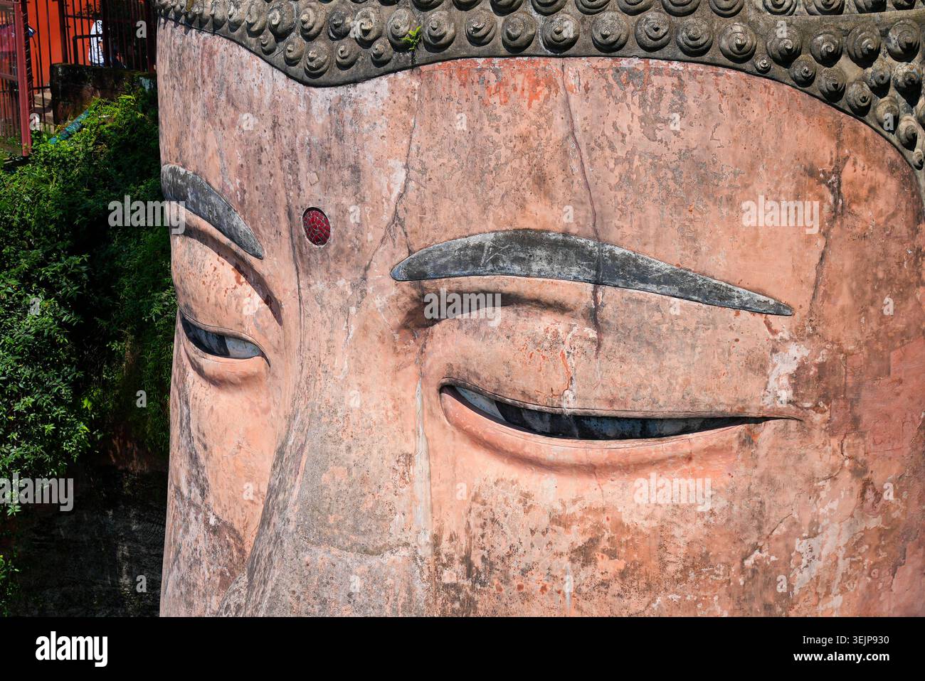 Sereni occhi di pietra meditanti e volto del Buddha gigante di Leshan a Sichuan, Cina Foto Stock