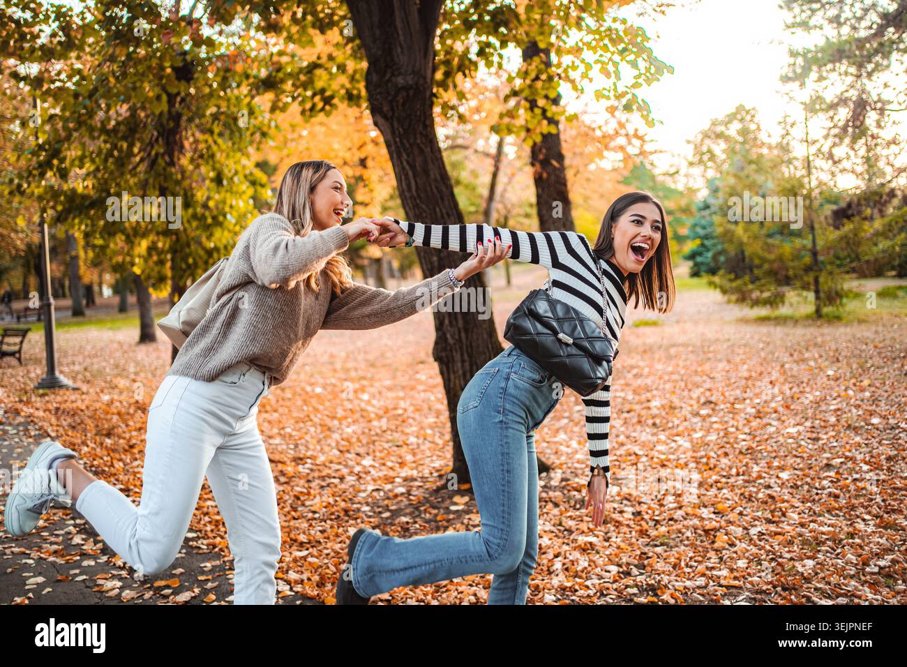Due bambine si godono una gioiosa giornata d'autunno in un vivace parco pieno di foglie Foto Stock