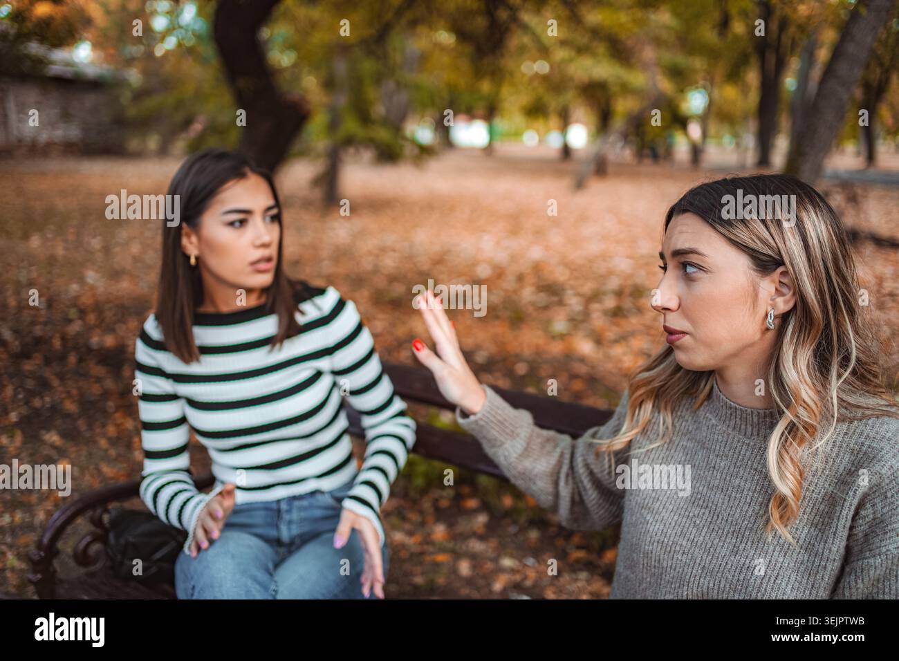 Due ragazze condividono una conversazione sentita in un bellissimo parco autunnale Foto Stock