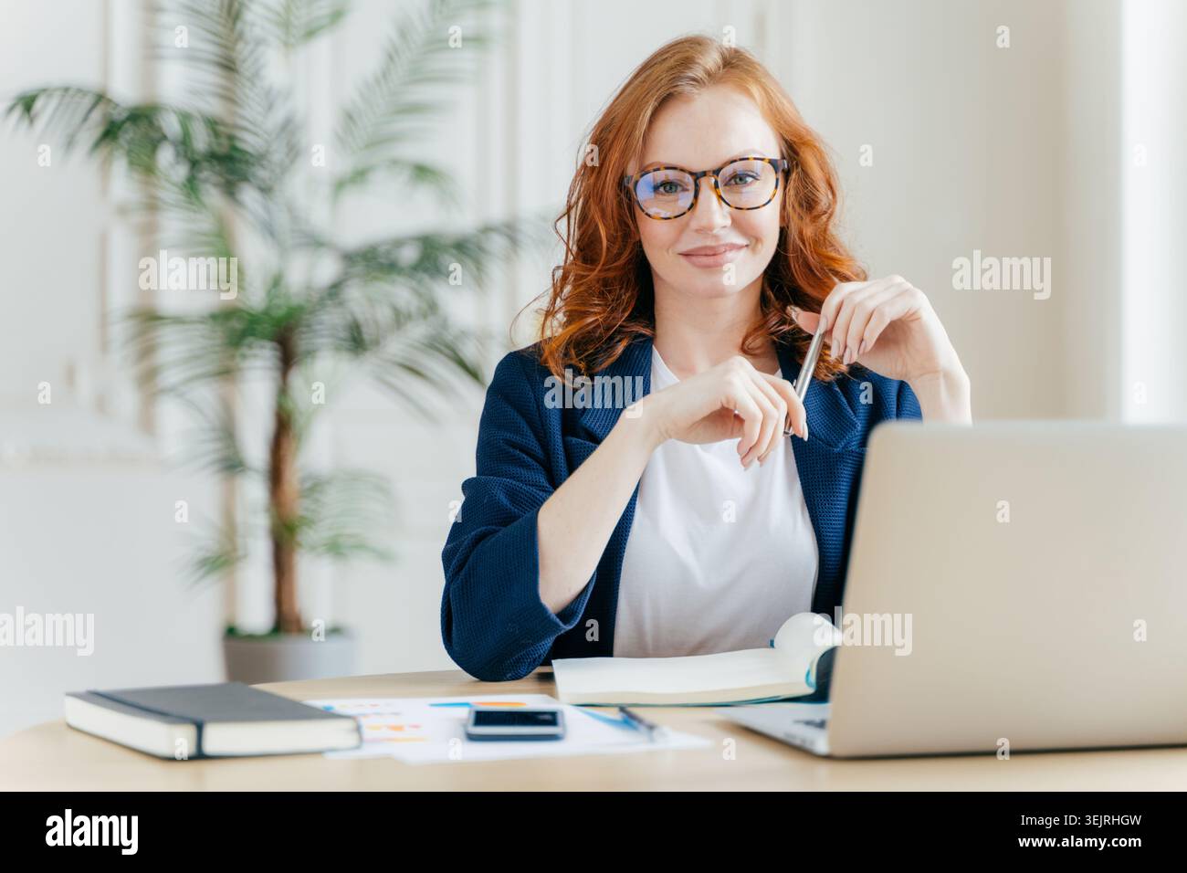 Una donna d'affari dai capelli rossi sorride mentre lavora su un computer portatile alla scrivania in un ufficio luminoso Foto Stock