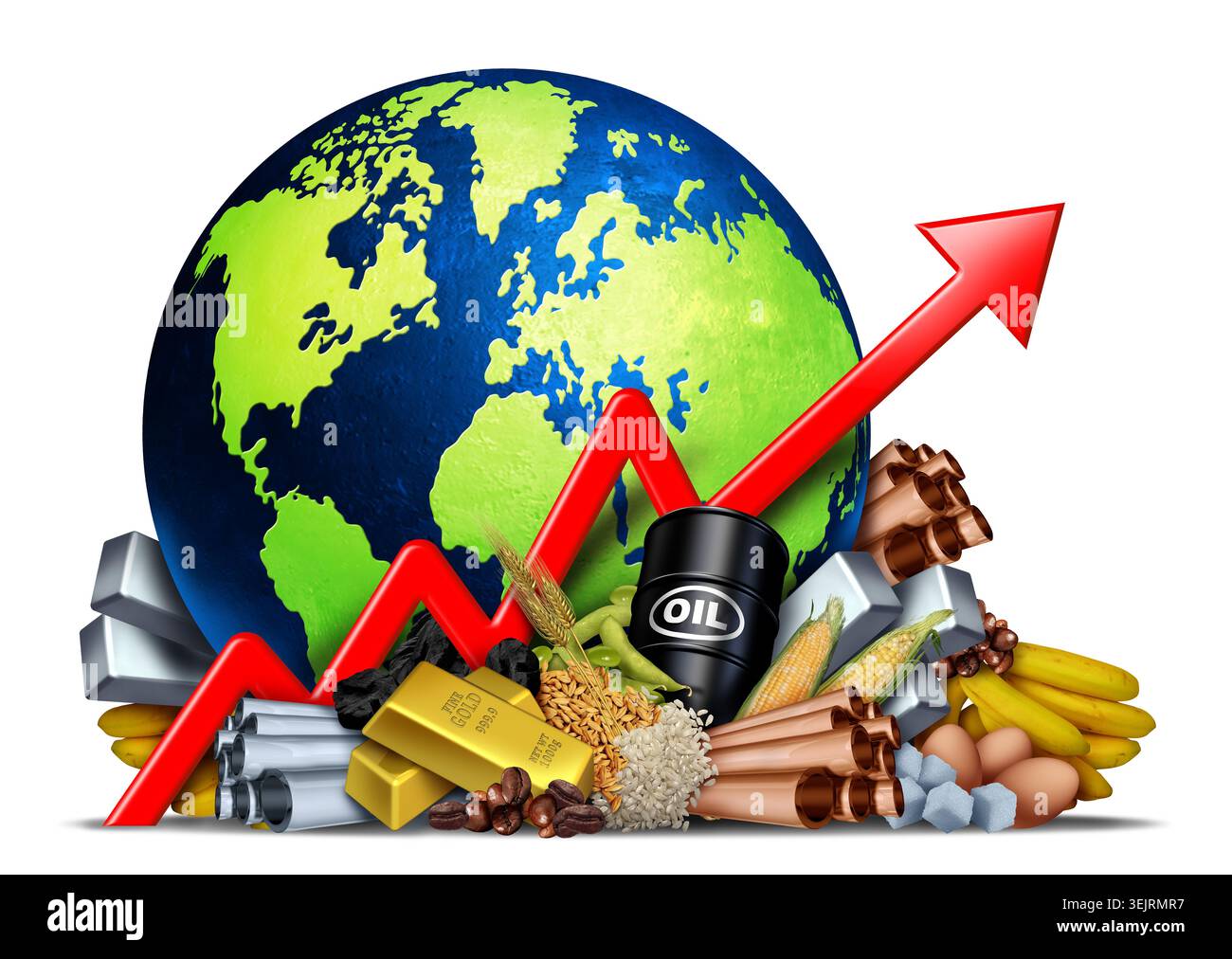 Aumento dei prezzi globali delle materie prime e aumento dei prezzi delle materie prime o aumento dei beni economici e delle risorse naturali come mercato azionario che opera come greggio cof Foto Stock