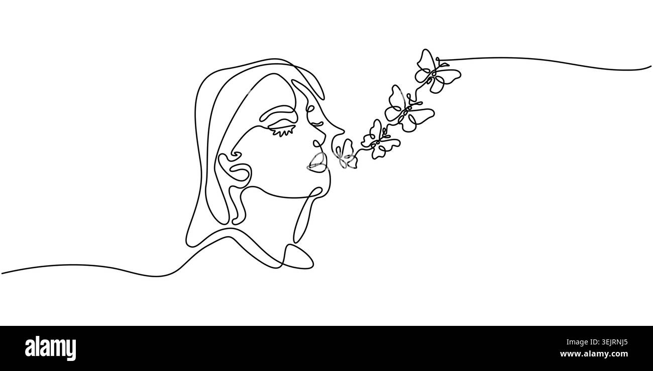 Disegno minimalista su una linea di una donna con farfalle Illustrazione Vettoriale