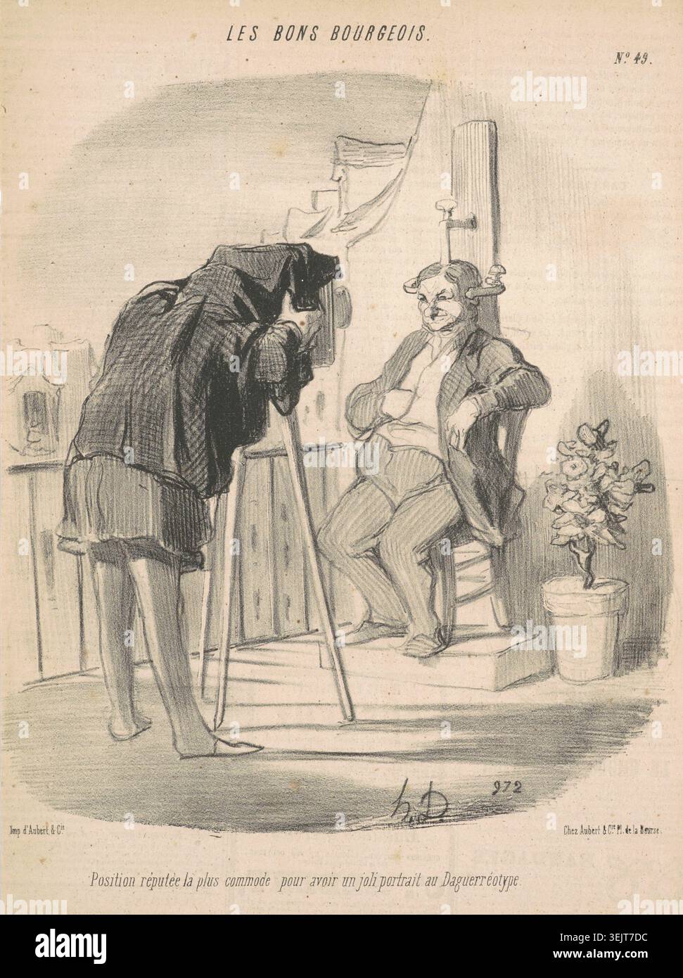 Position réputée la Plus commode pour avoir un joli portrait au Daguerréotype, 24 luglio 1847. (Posizione consigliata per avere un perfetto ritratto di Daguerreotipo). Il soggetto si siede con la testa fissata a una lavagna per garantire l'immobilità durante i lunghi tempi di esposizione. Foto Stock
