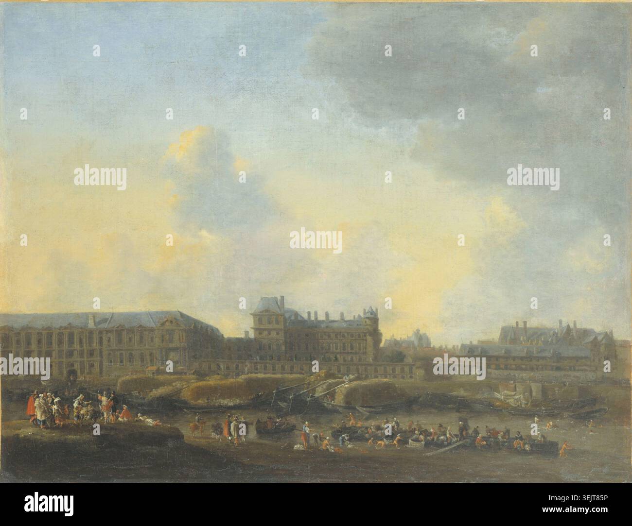 Il Louvre e l'Hôtel de Bourbon, visti dalla riva sinistra, c1650. Primo arrondissement, Parigi. Mercanti itineranti, asini, donne delle pulizie, bagnanti, barche, Port Saint-Nicolas, chiatte di fieno, Rue d'Autriche. Foto Stock