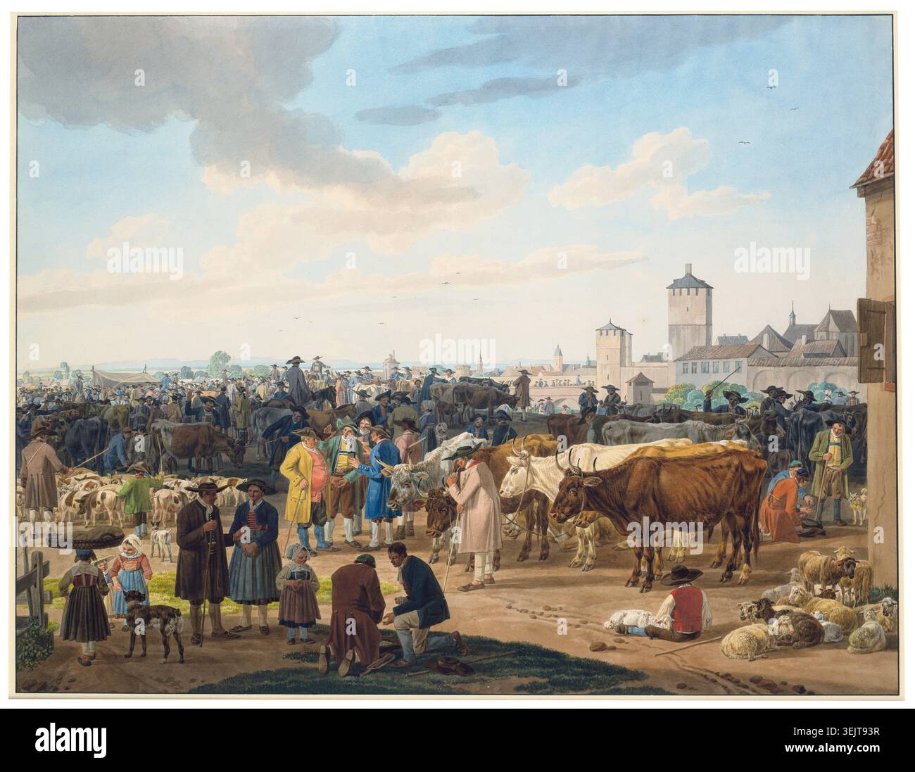 Mercato del bestiame alla periferia di una città, c1802. Foto Stock