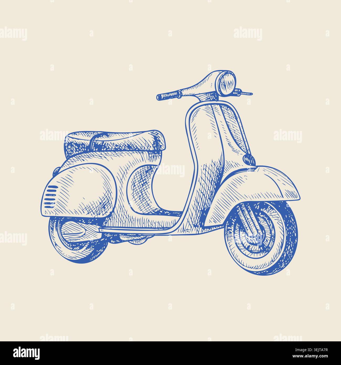 Illustrazione di uno scooter d'epoca in stile blu con un design classico con una comoda sella e ruote dettagliate su uno sfondo beige chiaro Illustrazione Vettoriale