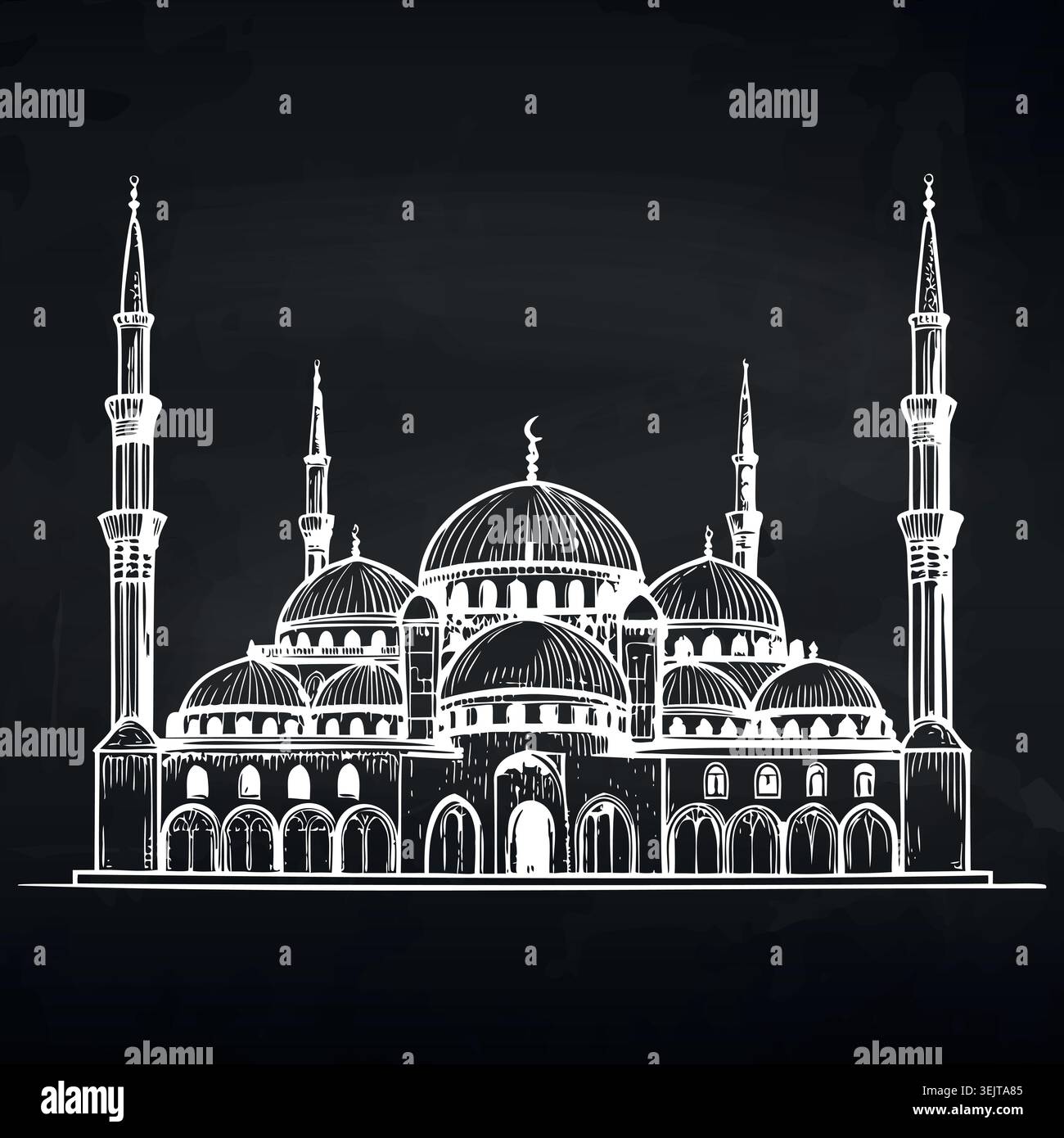 Illustrazione di una moschea storica con più cupole e minareti, ambientata su uno sfondo scuro, che mostra intricati dettagli architettonici e. Illustrazione Vettoriale