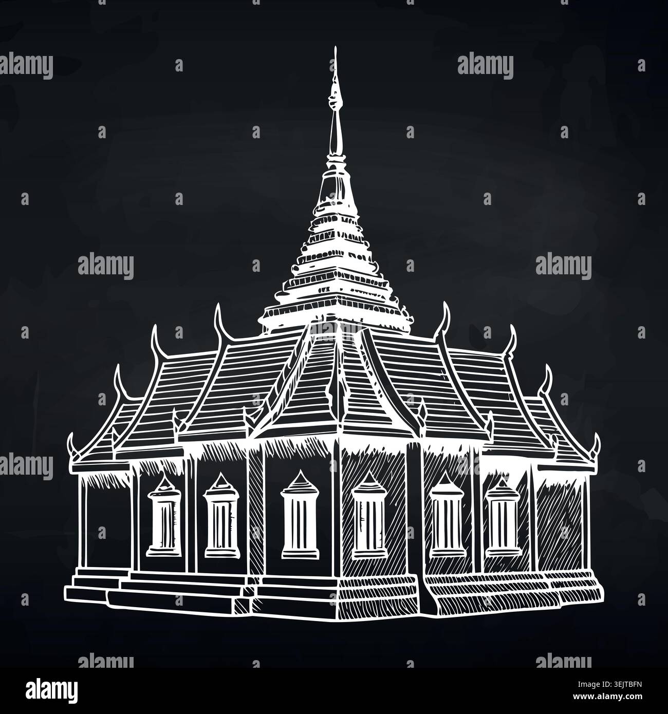 Illustrazione dettagliata di un tempio asiatico tradizionale con tetti e guglie ornate, adagiate su uno sfondo scuro che enfatizza le caratteristiche architettoniche Illustrazione Vettoriale