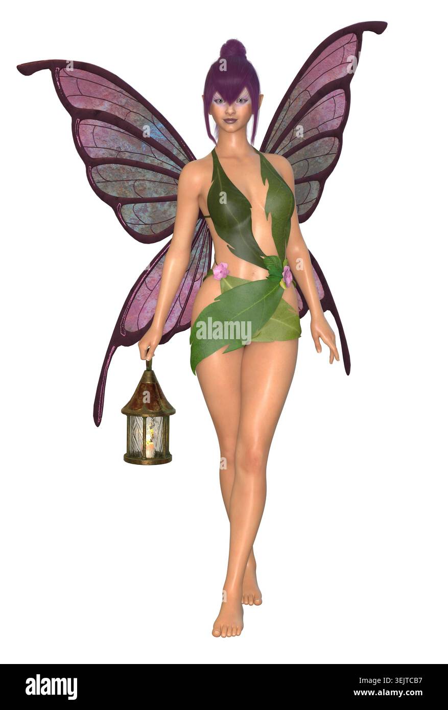 Fata con rendering 3D in un outfit in foglia verde con ali viola che reggono una lanterna. Perfetto per giochi di fantasia, character design o illustrazioni magiche Foto Stock