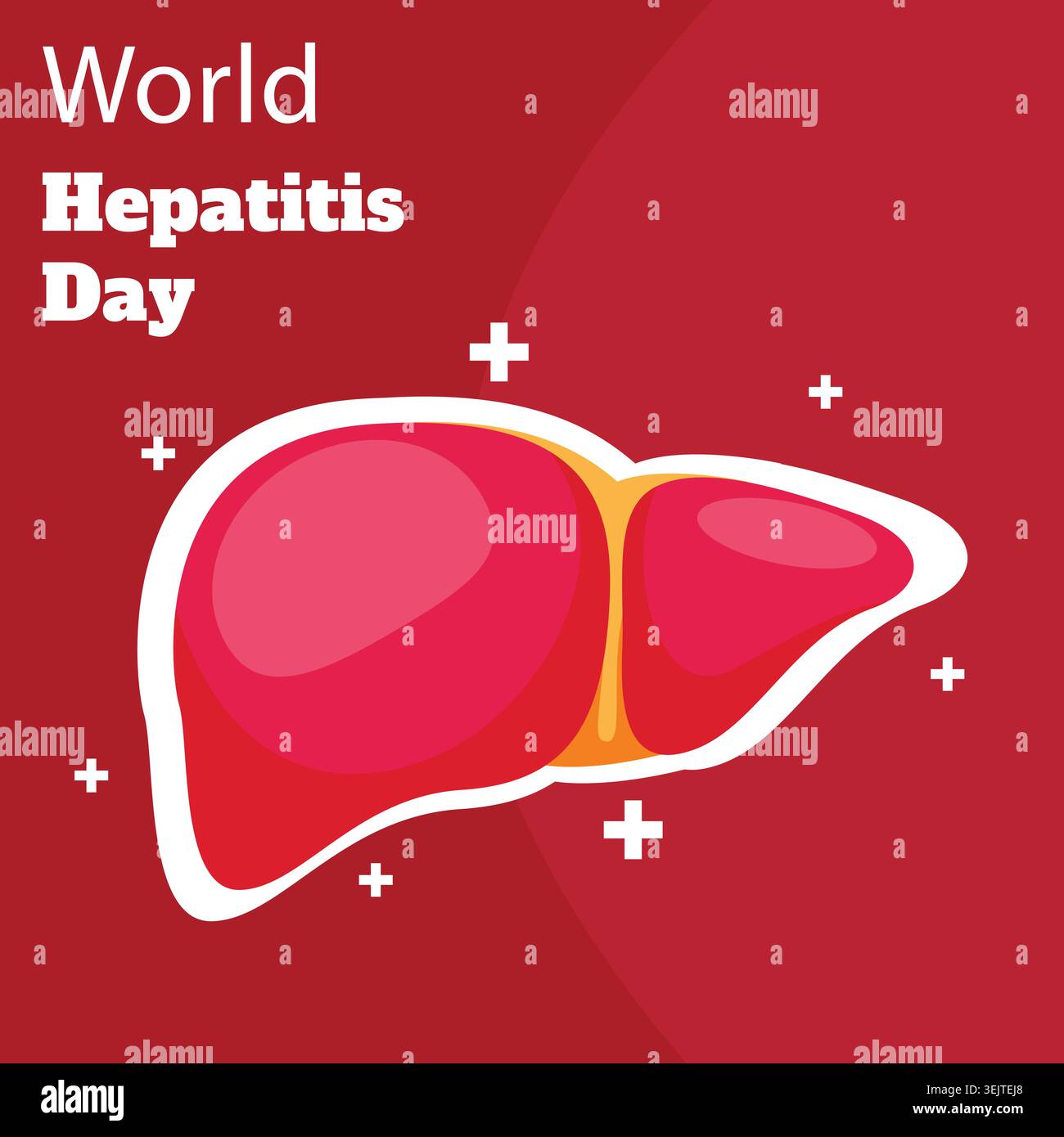 Consapevolezza mondiale del giorno dell'epatite con simbolo del fegato e icone di croce medica su sfondo rosso. Illustrazione Vettoriale