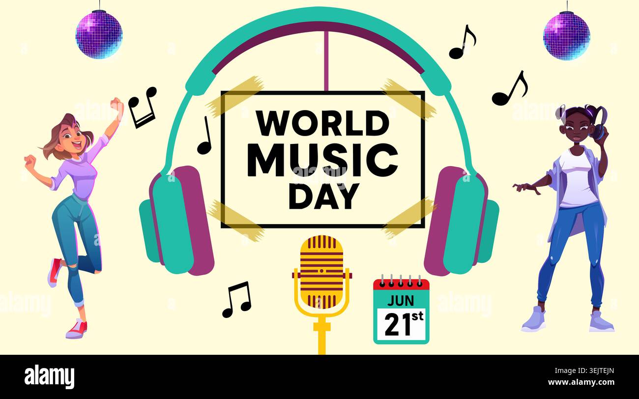 Celebrazione della giornata mondiale della musica con gente che danzava, cuffie e microfono. Illustrazione Vettoriale