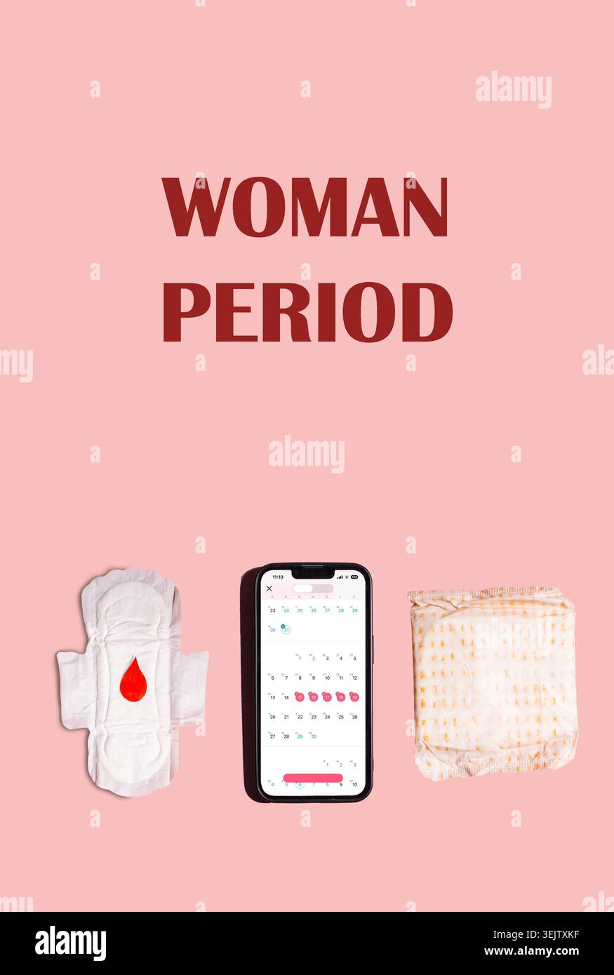 Smartphone con calendario del periodo mestruale femminile su sfondo rosa. Tecnologie moderne per le donne Foto Stock