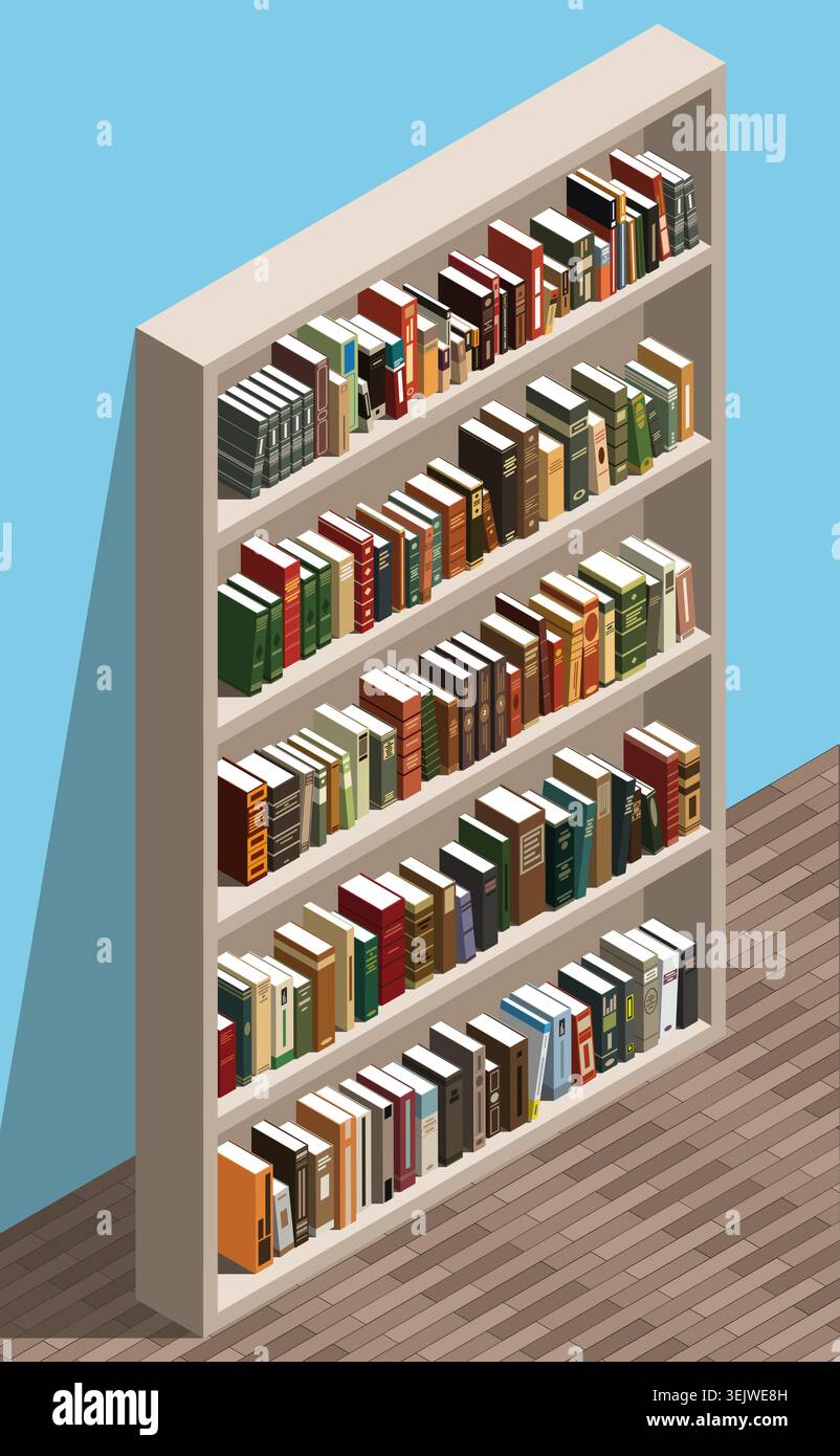 Illustrazione vettoriale isometrica della libreria. Raccolta di libri sugli scaffali per l'istruzione e la conoscenza Illustrazione Vettoriale