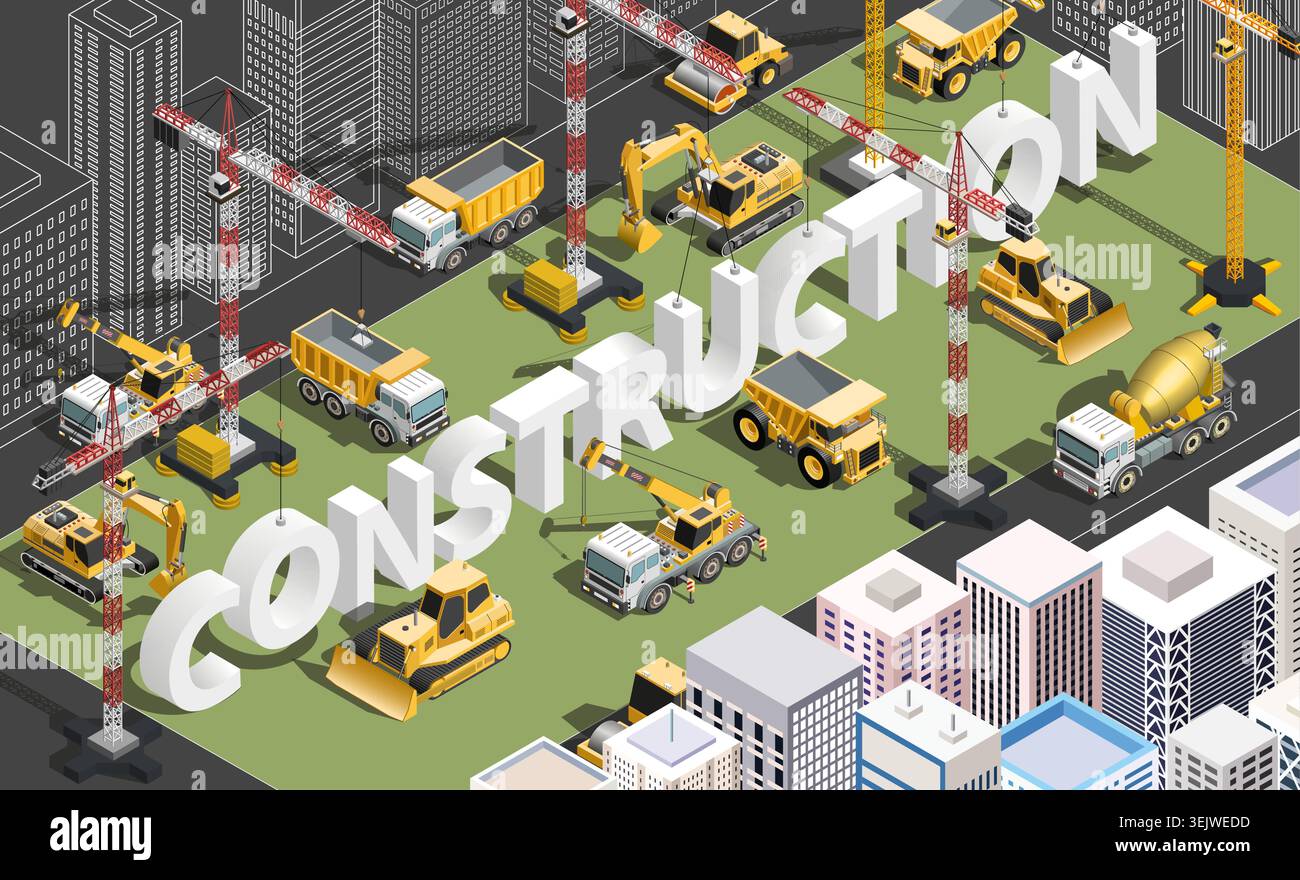 Cantiere urbano isometrico con macchinari ed edifici urbani intorno alla parola 3d Construction. Sviluppo urbano, industria edile, architettura Illustrazione Vettoriale