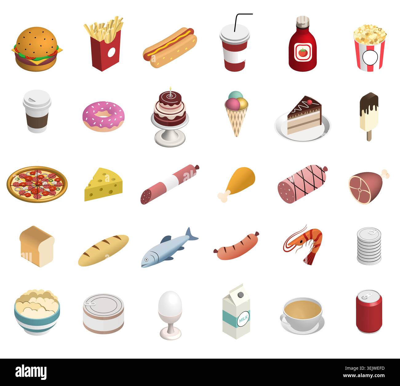 Set di icone isometriche per cibi e bevande. Fast food, dessert e prodotti alimentari. Raccolta vettoriale Illustrazione Vettoriale