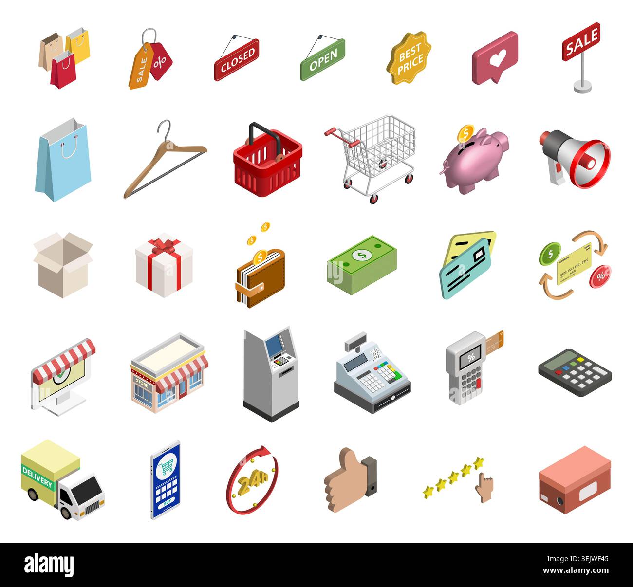 Set di icone isometriche per lo shopping e la vendita al dettaglio. Collezione di illustrazioni vettoriali di elementi di vendita commerciali Illustrazione Vettoriale