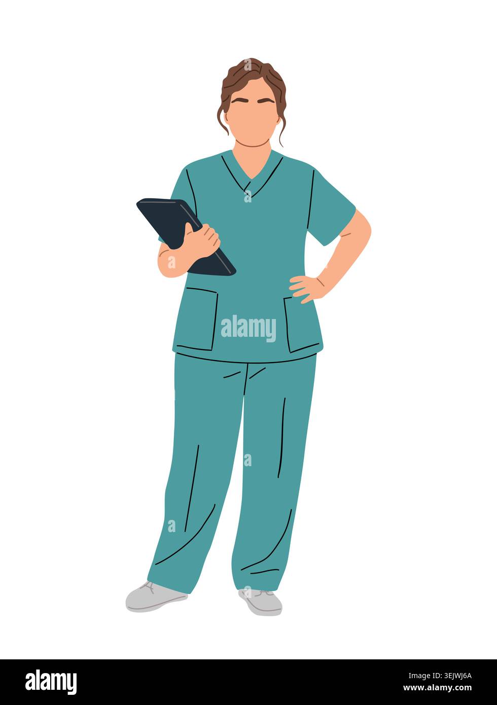 Infermiere illustrato in scrub di tè tiene gli appunti Illustrazione Vettoriale