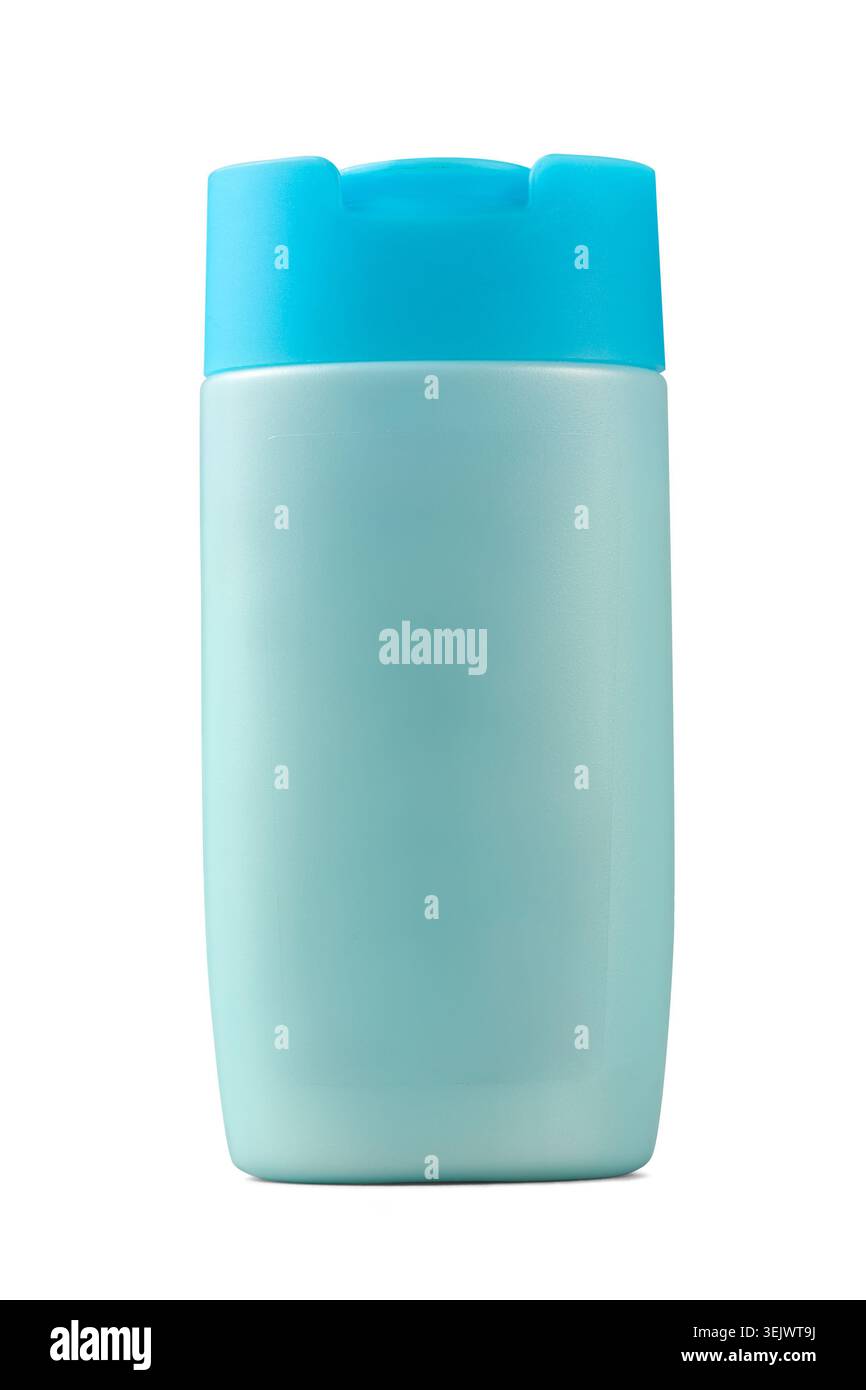 flacone color crema in plastica blu sfondo bianco isolato, modello mock-up vuoto di contenitore cosmetico liscio con finitura opaca, vista laterale con ombra Foto Stock
