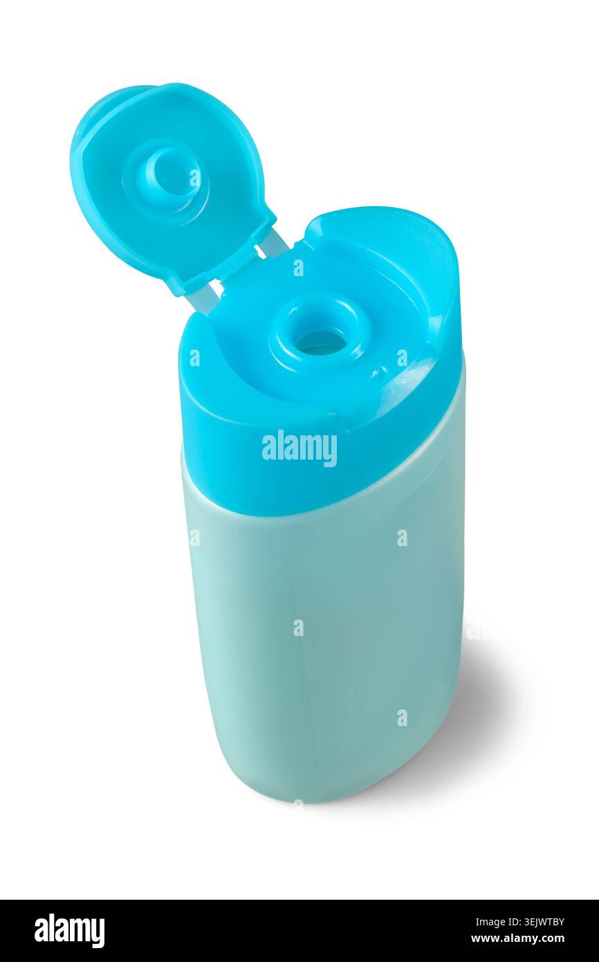 flacone color crema in plastica blu con coperchio aperto sfondo bianco isolato, modello di contenitore cosmetico liscio con finitura opaca, vista dall'alto Foto Stock