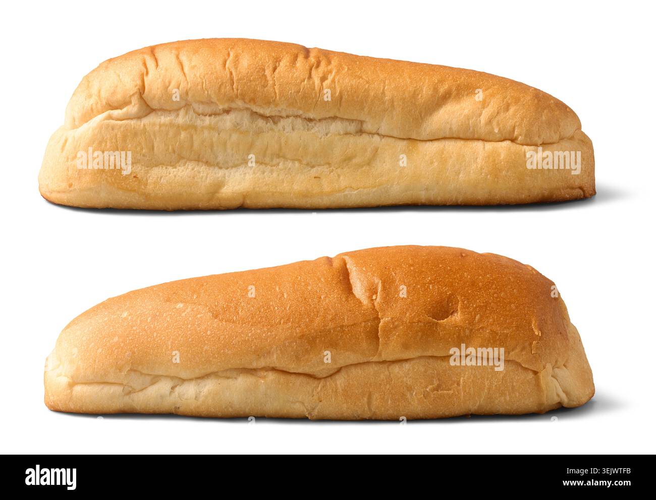 panini hot dog di frumento marrone cotti al forno sfondo bianco isolato, pane morbido opaco, vista laterale in diverse angolazioni Foto Stock