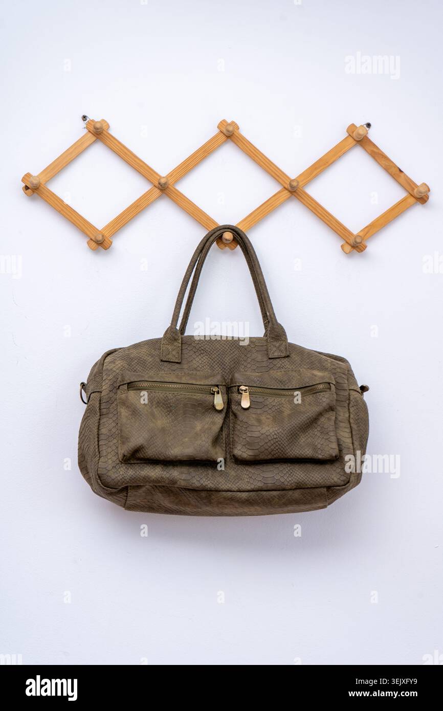 Borsa a mano in pelle di serpente marrone su rack in legno. Borsone in tessuto cachi appeso a parete bianca. Foto Stock