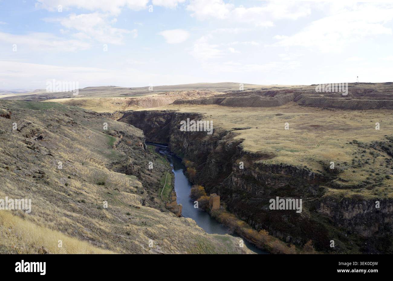 Il fiume Akhuryan scava una gola a pareti ripide attraverso il vasto plateau arido lungo il paesaggio di confine vicino alle antiche rovine di Ani a Kars, Turchia Foto Stock