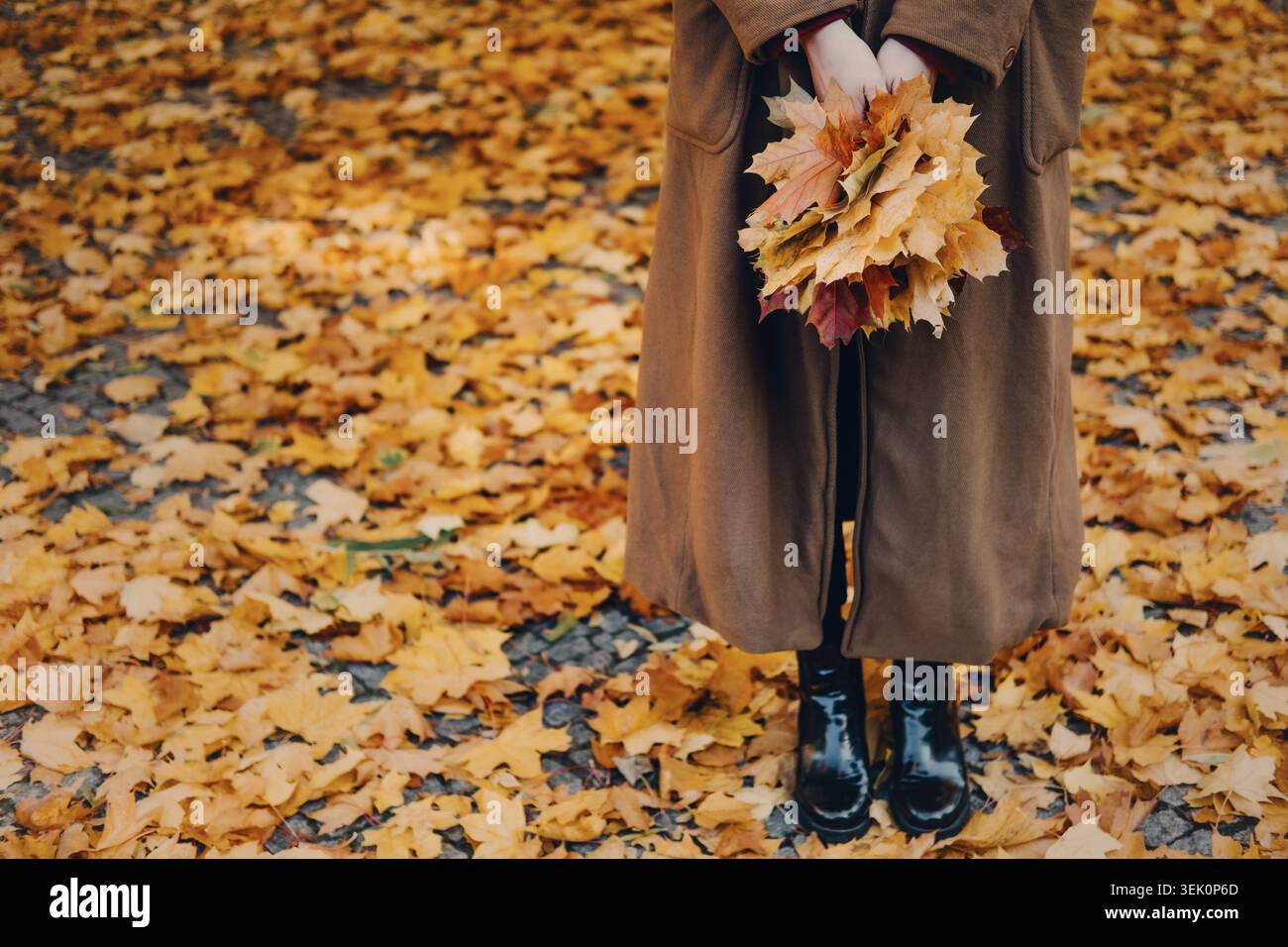 La persona si trova a terra coperta da foglie gialle e regge un grande bouquet di foglie autunnali. Arrivo autunno stagione autunnale, percorso per il benessere, ripartire da zero Foto Stock