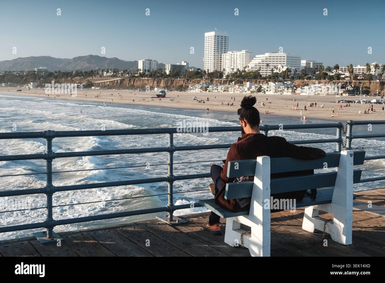 Parco divertimenti di Santa Monica Beach, ruota panoramica, panorama sulla spiaggia Foto Stock