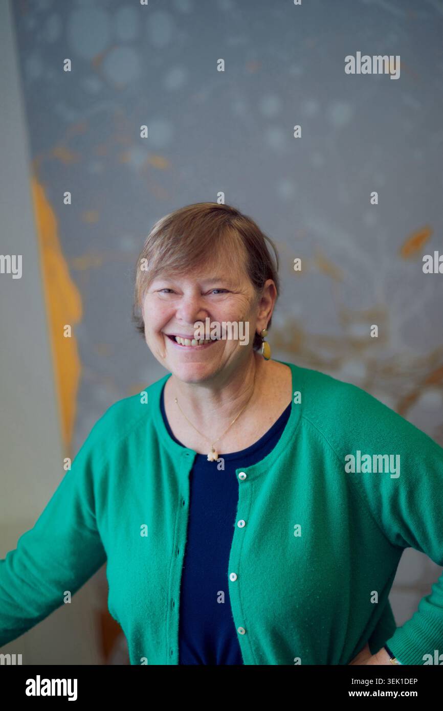 Judy Dobias, fondatrice dell'agenzia di comunicazione di design Camron e consulente Boquan, fotografata in un cardigan verde e vestito blu Foto Stock