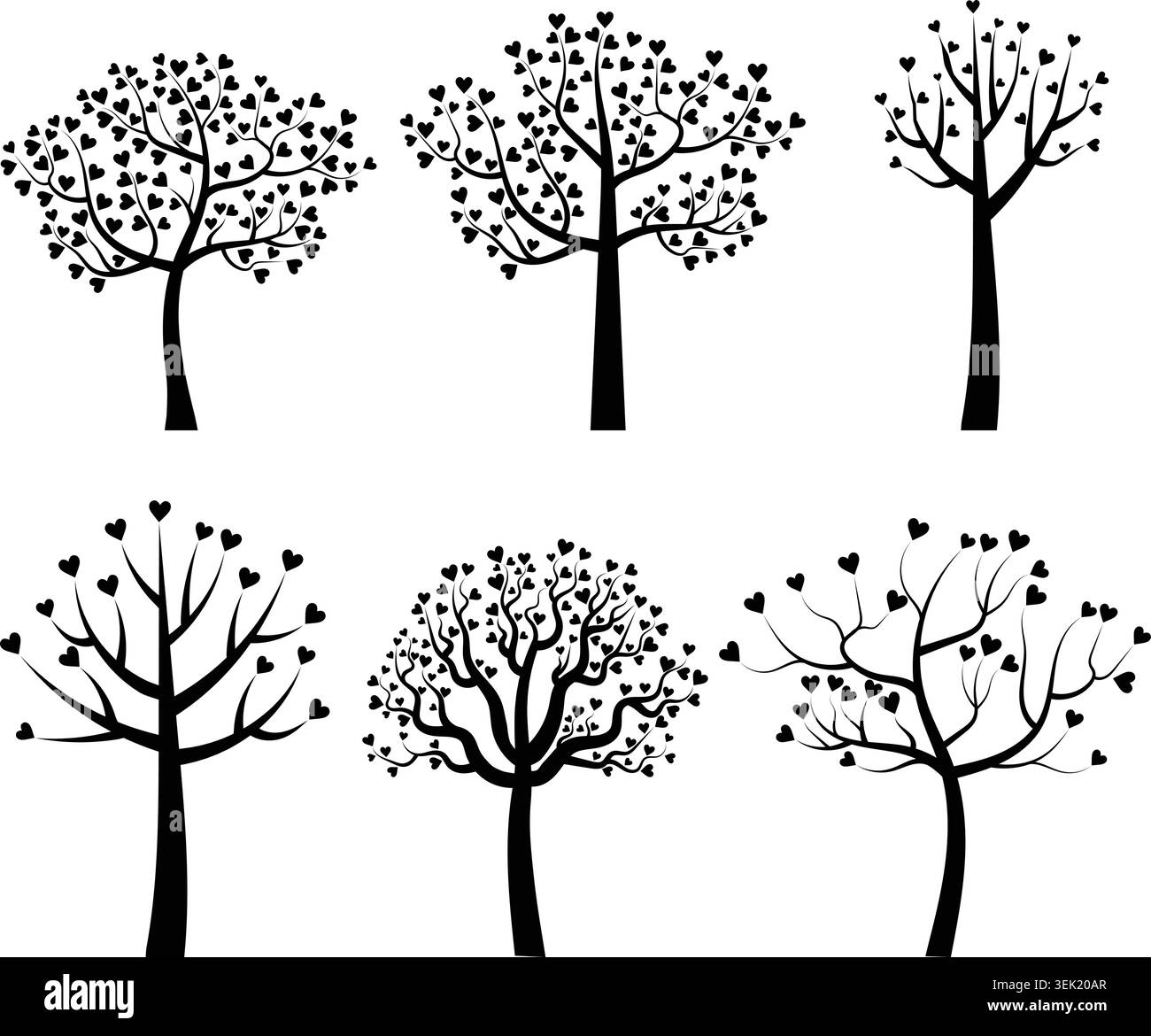 Set di sagome ad albero vettoriale nere con foglie a forma di cuori Illustrazione Vettoriale