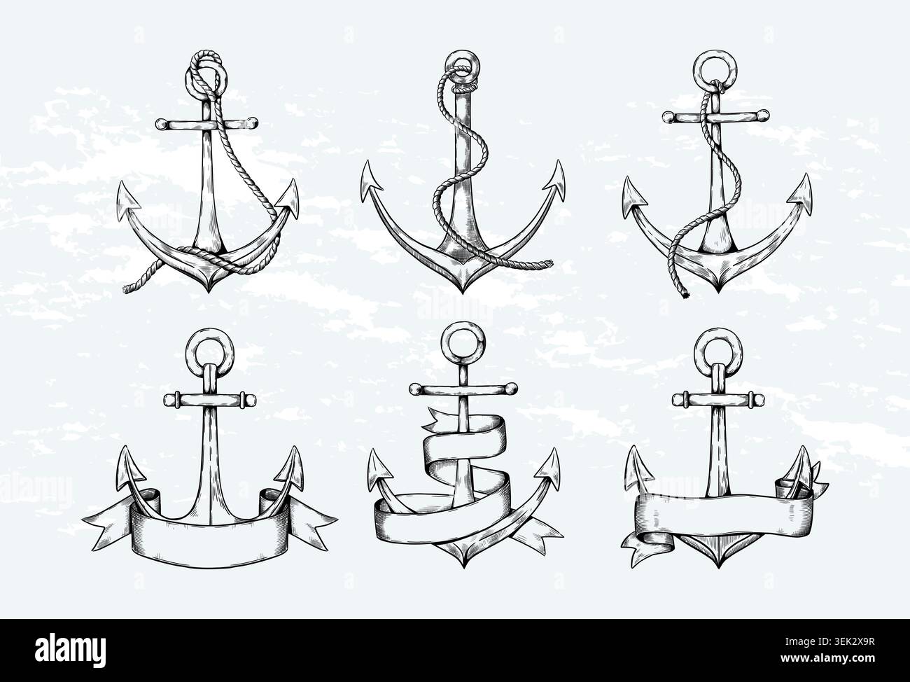Ancoraggio dello stile di schizzo. Tatuaggio di navi d'epoca, arte marinara disegnata a mano o linee nautiche con corde. Intestazione vuota sulla barra multifunzione per il testo. Crociera in mare, navigazione nel porto. Icone monocromatiche isolate vettoriali Illustrazione Vettoriale