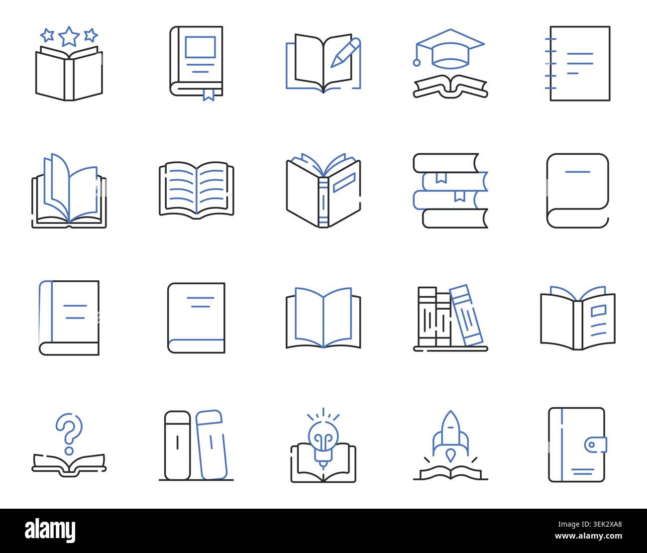 Icone di libri e righe di lettura Set Open Book, Textbook, notebook, Libreria, Letteratura, studio, illustrazione del vettore di traccia modificabile Illustrazione Vettoriale