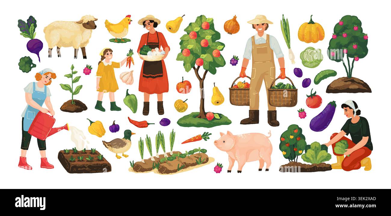 Cibo agricolo. Prodotti agricoli, lavoratore in un villaggio agricolo o gente del mercato della frutta locale. Piante ecologiche biologiche, produzione alimentare stagionale, lavoro rurale. Illustrazione isolata in stile cartoni animati vettoriali Illustrazione Vettoriale